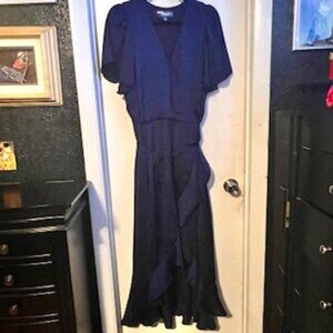 ModCloth - 1x - navy, satin, flowy, feminine, high-low ruffle hem wrap dress